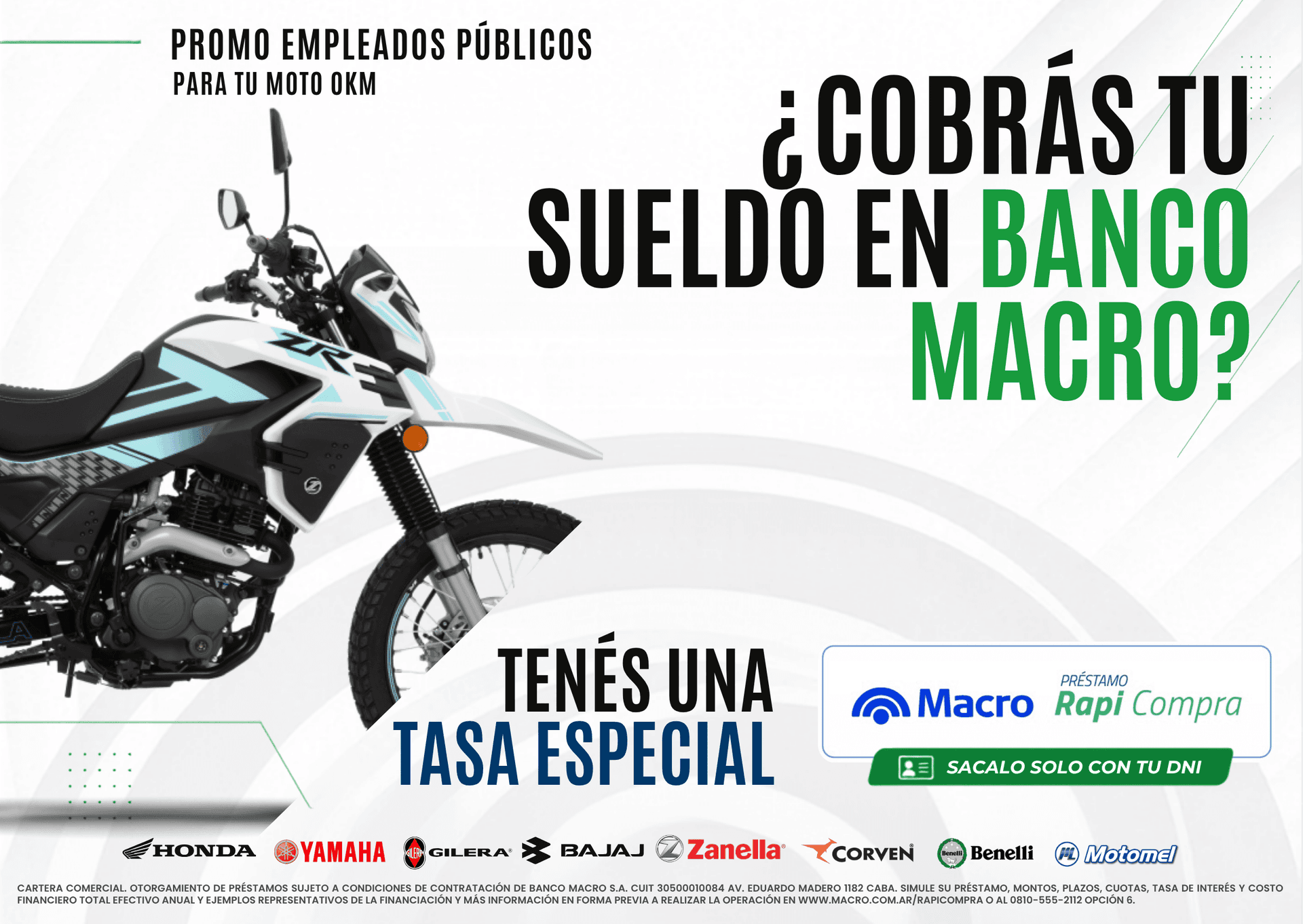 Promo empleados públicos: tasa especial para tu moto 0km cobrando tu sueldo en Banco Macro